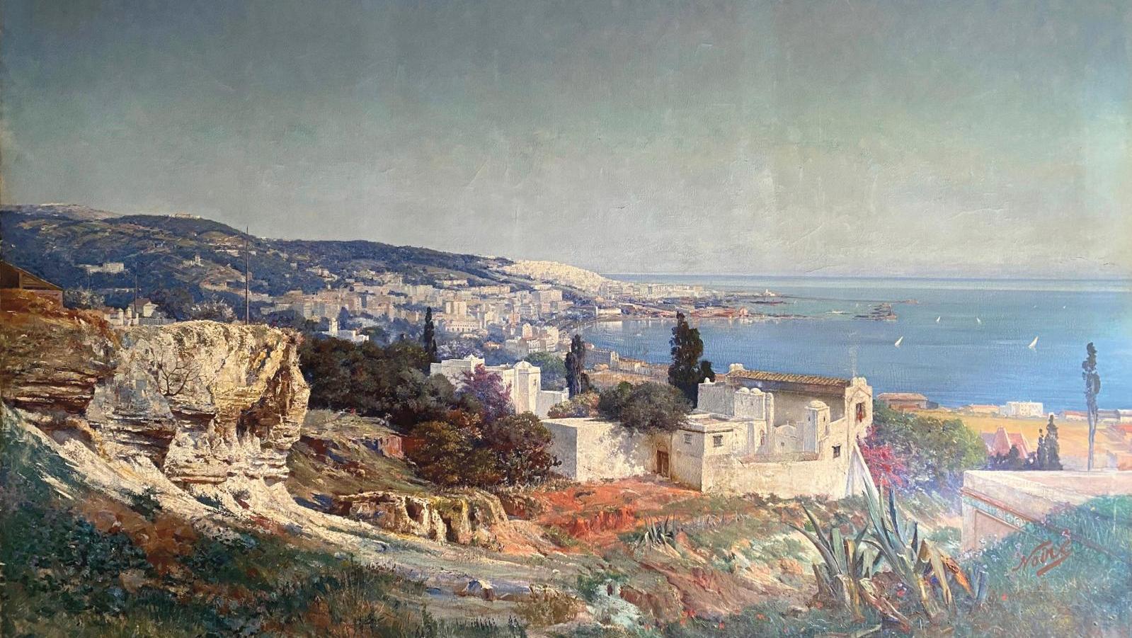 Maxime Noiré (1861-1927), Vue de la ville des hauteurs d’Alger, huile sur toile signée,... Alger en format panoramique