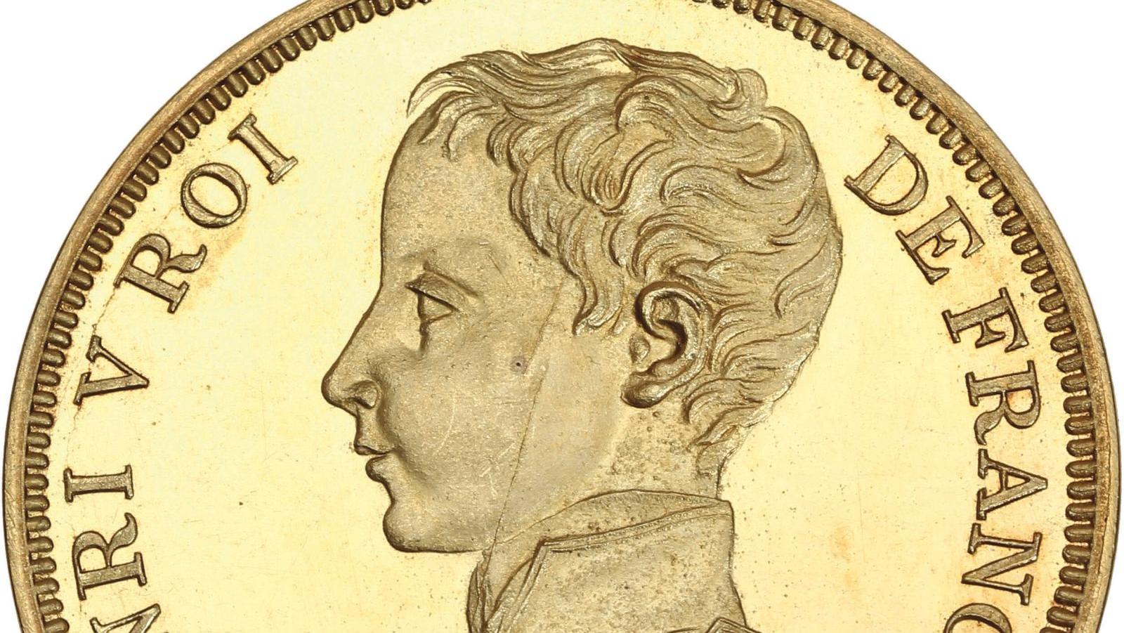 Henri V, prétendant (1820-1883), pièce de 5 francs en or, frappe de 1832, poids 47,30 g.... Le comte de Chambord, il aurait pu être roi