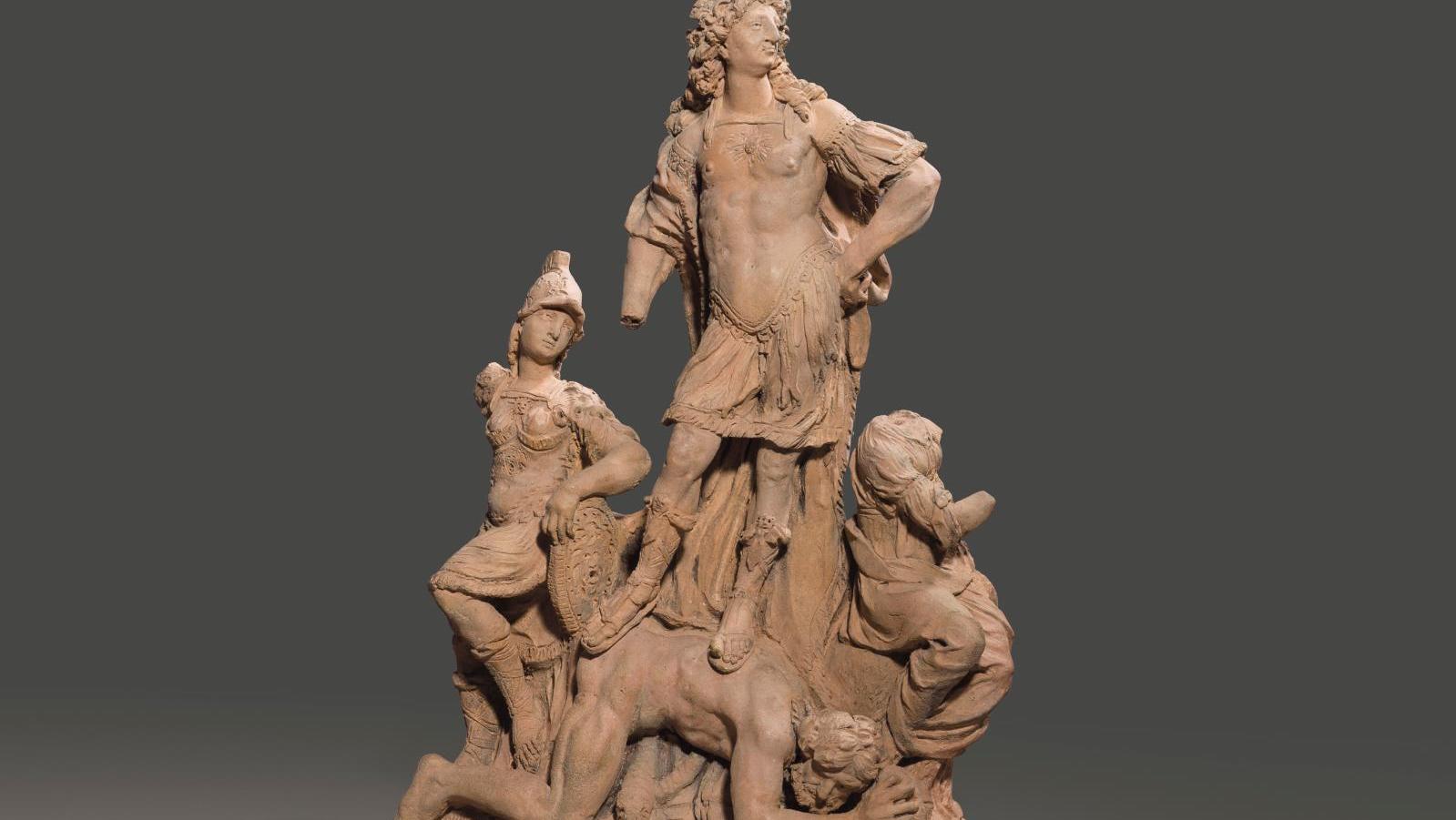 Jacob Sigisbert Adam (1670-1747), Louis XIV foulant l’Hérésie, esquisse en terre... Louis XIV foule l'Hérésie par Adam !