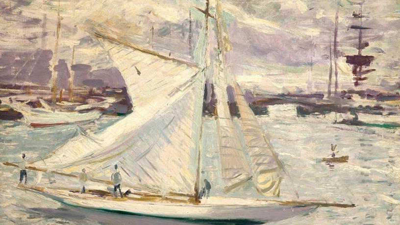 Paul-César Helleu (1859-1927), Voilier blanc en régate, huile sur toile, 65 x 80 cm.... Yachting avec  Paul-César Helleu