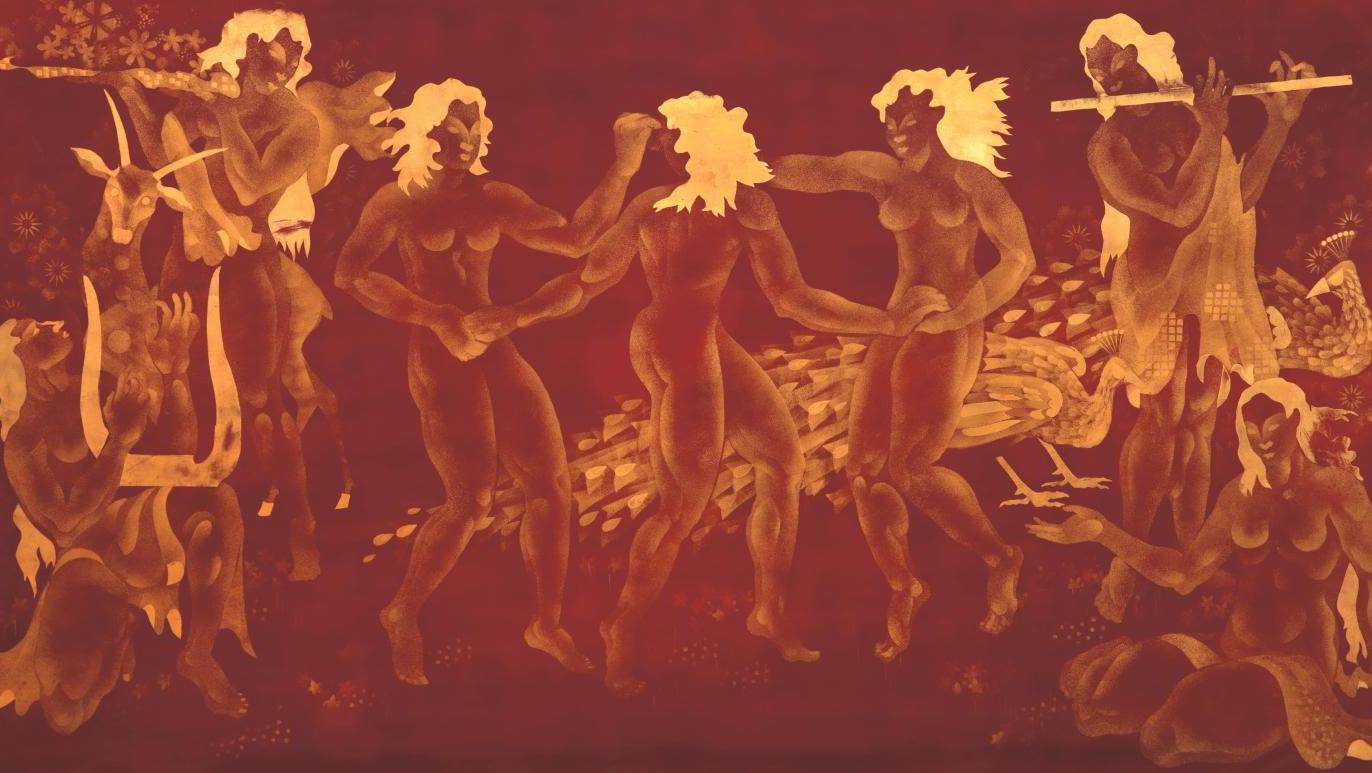 Katsu Hamanaka (1895-1982), Musiciens et danseurs, vers 1935, panneau de laque rouge... Chorégraphie antique par Katsu Hamanaka