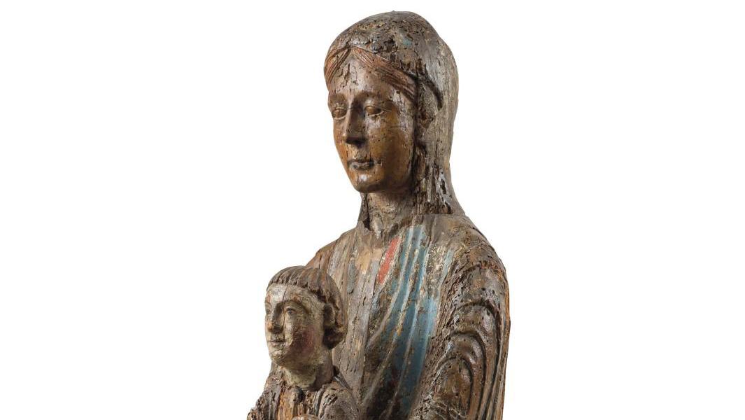 Auvergne, late 12th century, walnut Virgin and Child sedes sapientiae carved in the... A Rare 12th-Century Romanesque Madonna and Child