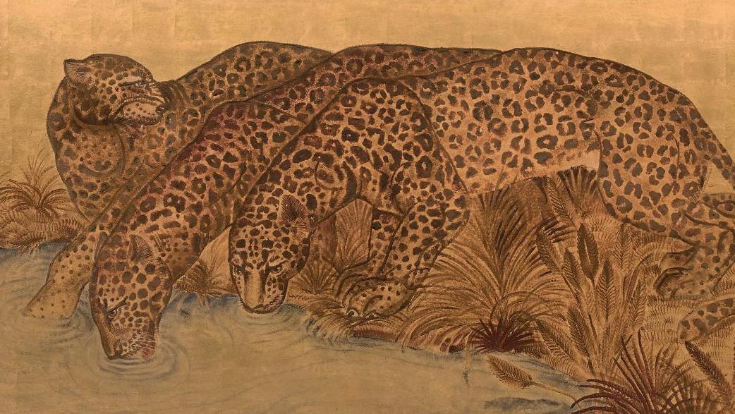 Jean Dunand (1877-1942), Trois léopards s’abreuvant, vers 1930, panneau en laque... Les félins laqués de Jean Dunand, maître de l’art déco