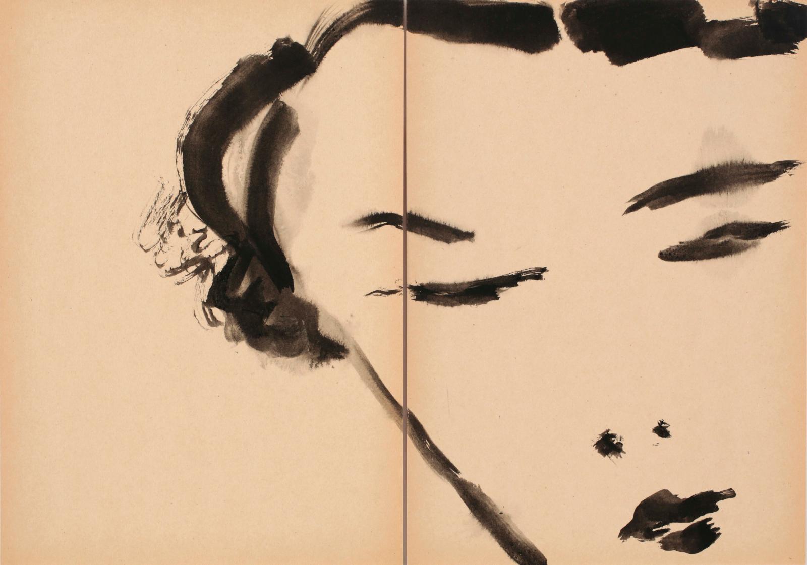 Tang Haywen, Sans titre, visage, vers 1975, encre sur carton Tako, diptyque 29,7 x 42 cm. Estimation : 1 000/1 500 € 