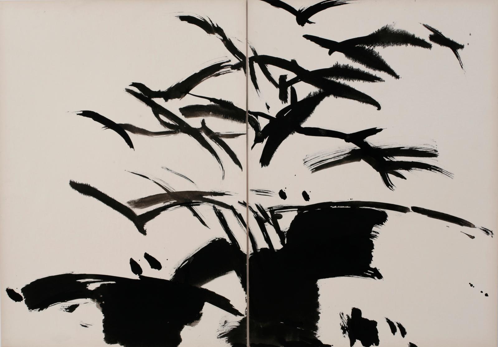 T'ang Haywen, Sans titre, vers 1978, encre sur carton Kyro, diptyque 70 x 100 cm. Estimation : 2 000/3 000 €