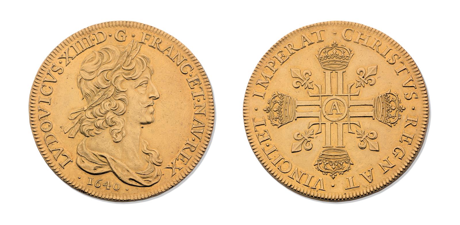 Un dix louis d’or au buste drapé de Louis XIII.