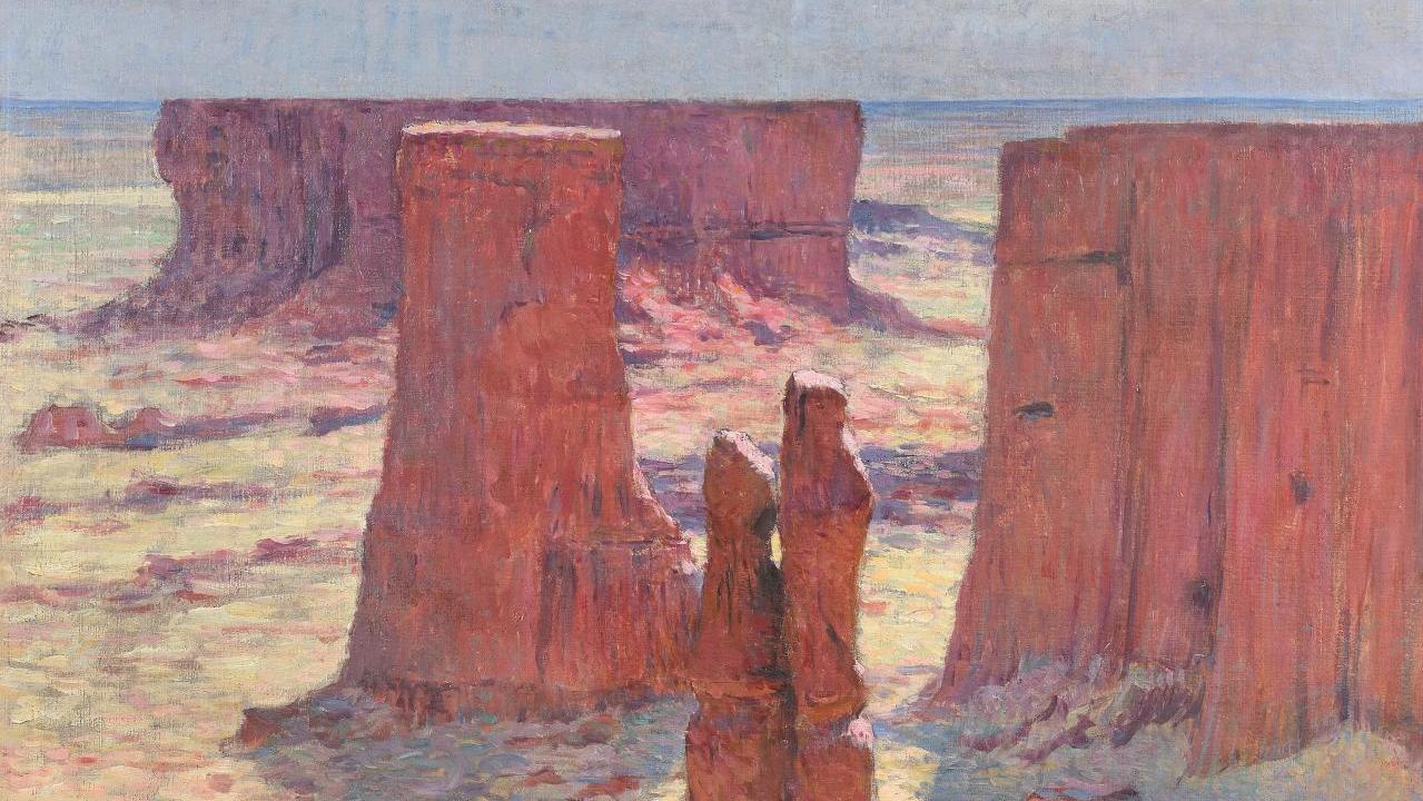Étienne Dinet (1861-1929), El Gour-Brezina-El Bayadh, huile sur toile, 82 x 65,5 cm.... Un Dinet au Sahara panoramique