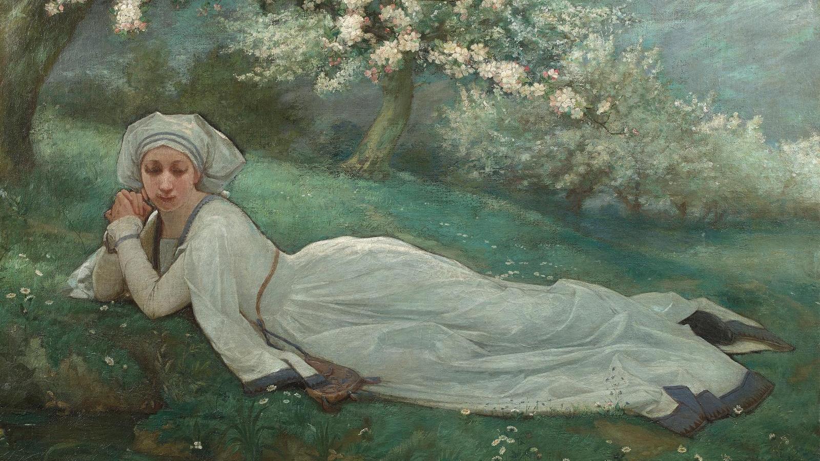 Marie Bracquemond (1841-1916), Jeune fille allongée sous un pommier en fleur, huile... L’impressionnisme au féminin