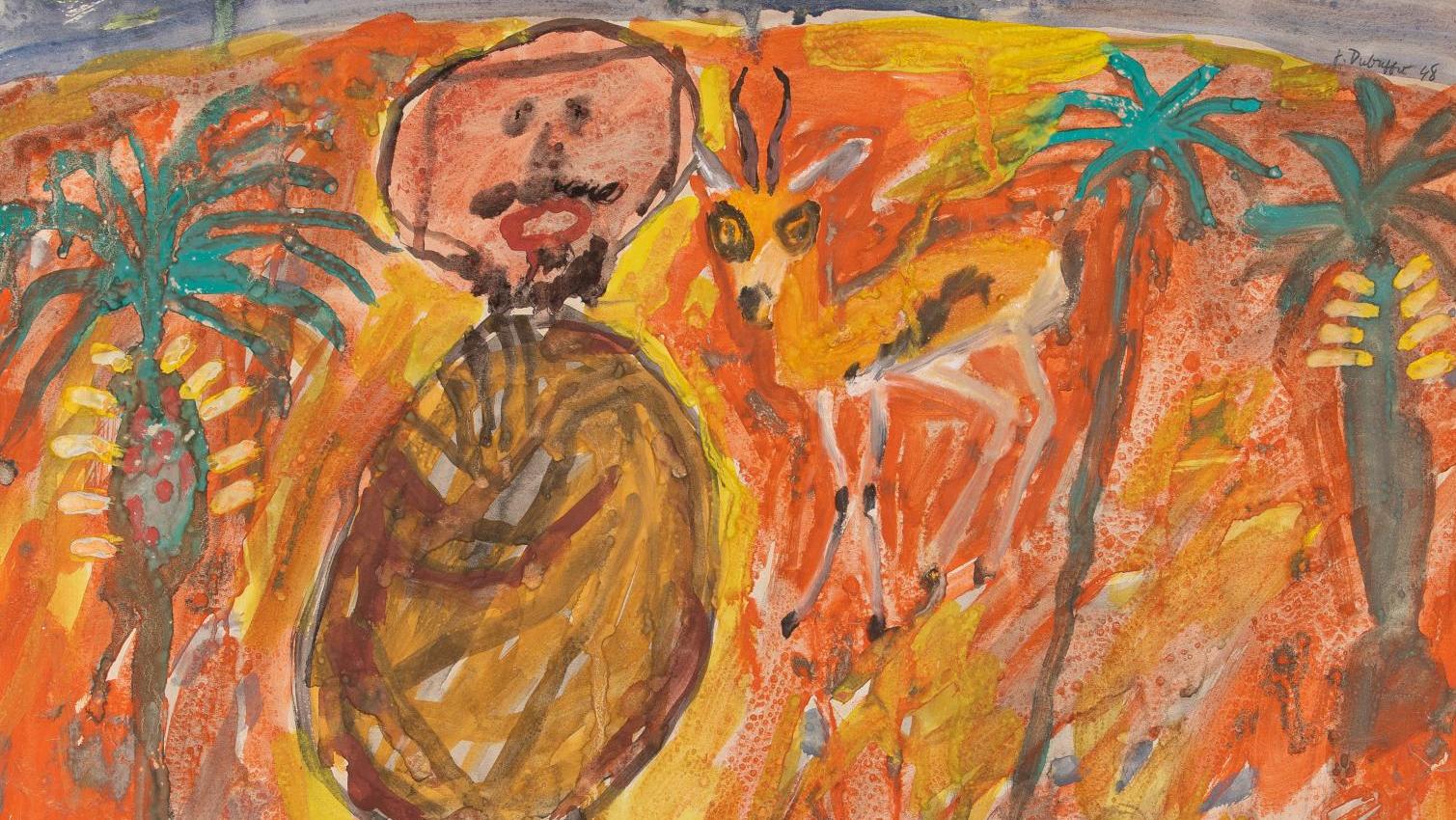 Jean Dubuffet (1901-1985), Arabe, gazelle et trois palmiers, 1948, gouache sur papier,... Jean Dubuffet. Bal des Figures