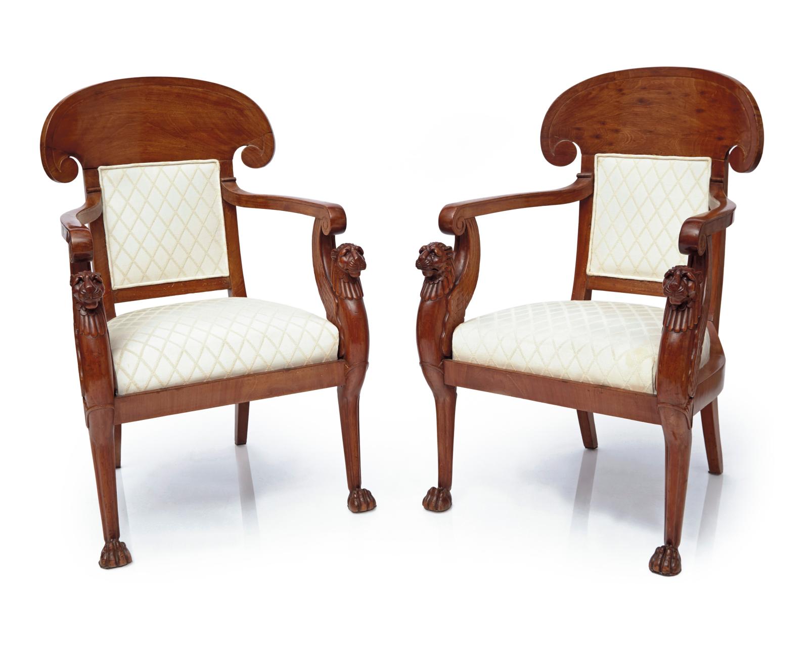 Époque Empire, paire de fauteuils d’apparat, estampillés «Jacob D R Meslée» (1803-1813), acajou et placage d’acajou sculpté et mouluré, 94,5 x 60,5 x 