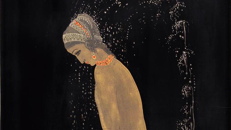 Jean Dunand (1877-1942), Baigneuse, 1928, panneau de laque figurant une jeune femme... Femme des années 1920