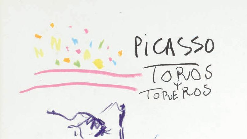 Pablo Picasso (1881-1973), Toros y Toreros ,1961, crayon gras sur papier crème, signé... Toros y Toreros dédicacé par Picasso