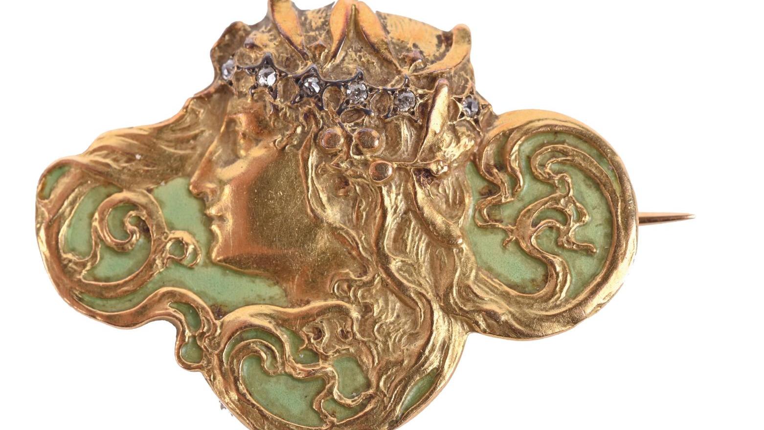 Lalique, signed yellow gold and celadon enamel brooch, rose-cut diamonds, enameled... Lalique’s Inspired Art Nouveau Jewelry