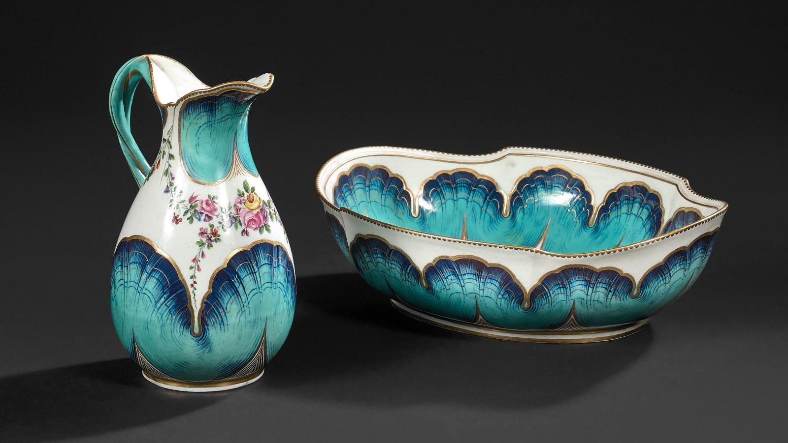 €88,420Sèvres, 1766, "Roussel" ewer and oval basin in soft paste porcelain with a... The Malatier Collection