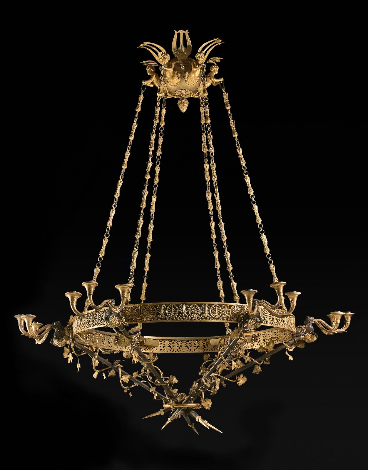 €82,160 Attributed to Jean-Pierre Lancry, Russia, early 19th century, 18-branch chandelier in patinated gilt bronze with openwork crown featuring palm