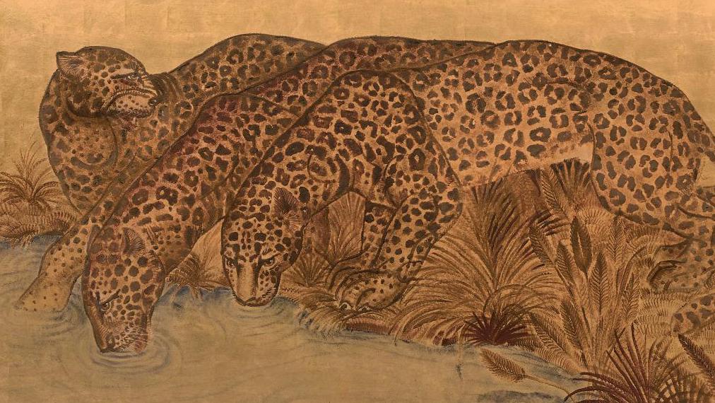 Jean Dunand (1877-1942), Trois léopards s’abreuvant (Three Leopards Drinking), c.... The Lacquered Felines of Jean Dunand, Master of Art Deco