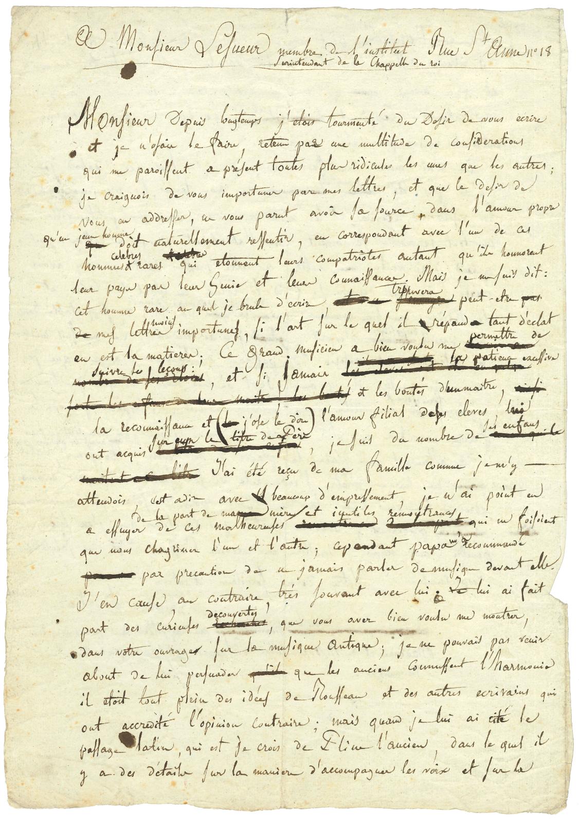 Hector Berlioz, lettre autographe signée (minute) à son maître Jean-François Lesueur [1824], 2 pages in-folio. Estimation : 6 000/8 000 €