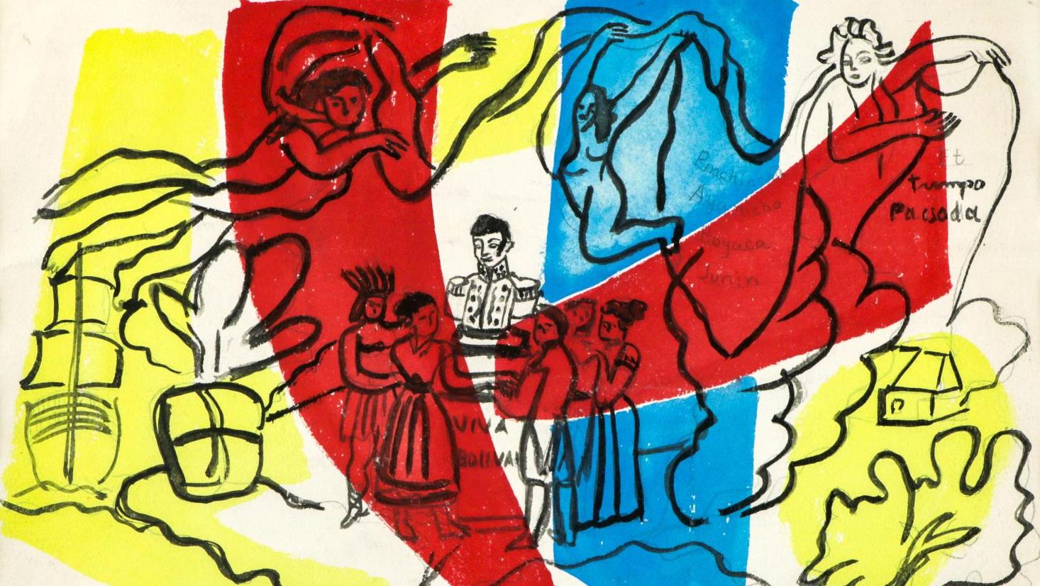 Fernand Léger (1881-1955), Viva Bolivar, vers 1949, gouache signée au dos, 24 x 31 cm... Léger, Milhaud et Bolivar : le peintre, le compositeur et le Libertador