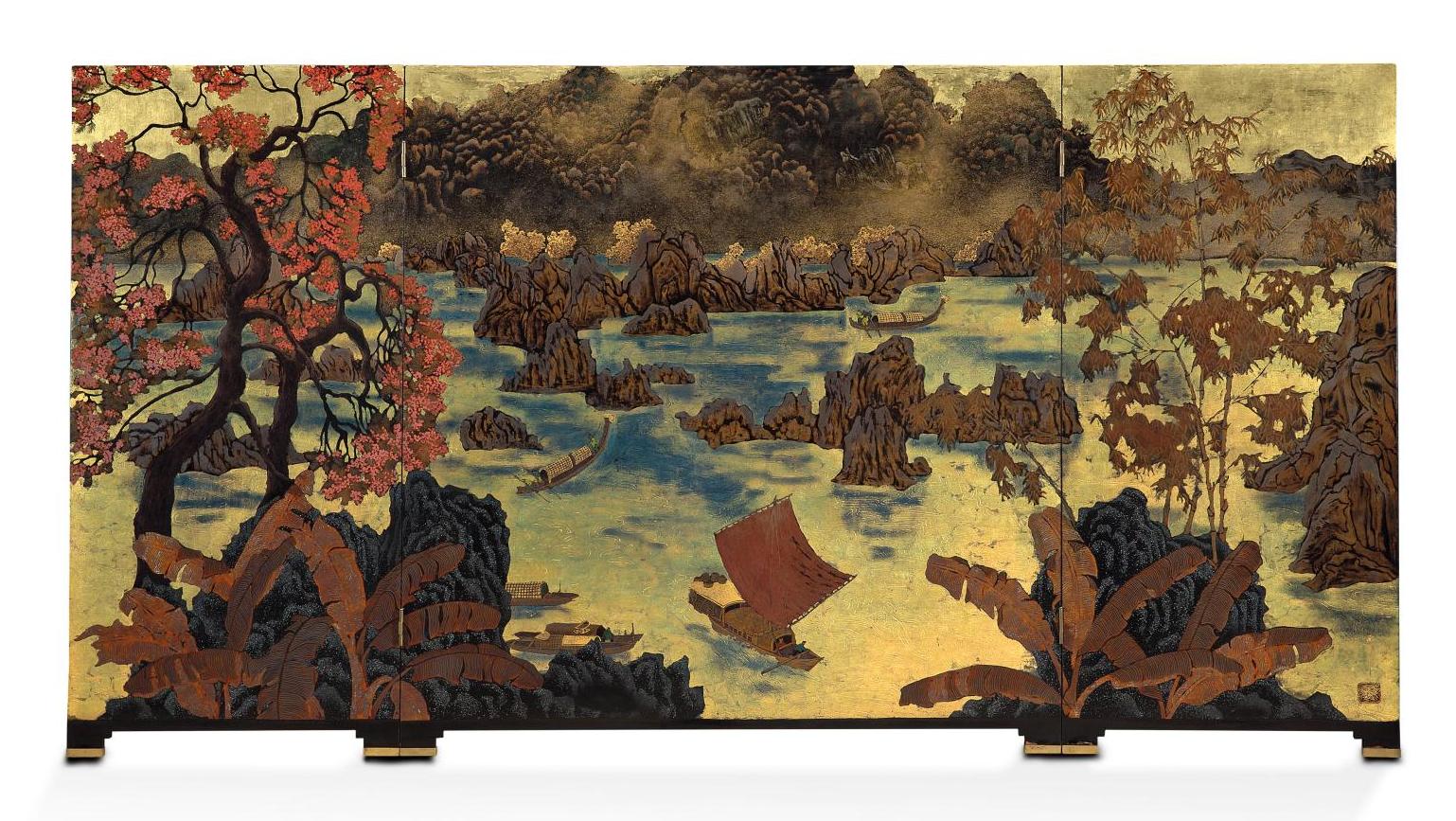 Pham Hau (1903-1995), paravent en trois panneaux, Paysage aux jonques, laque avec... Le Vietnam éternel de Pham Hau
