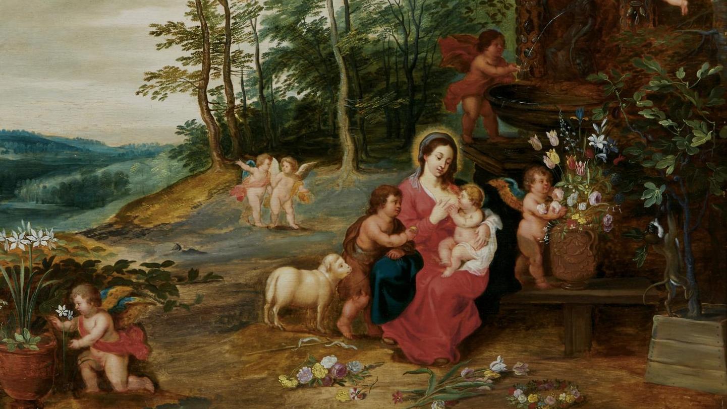 Atelier de Jan Bruegel le Jeune (1601-1678), début du XVIIe siècle. La Vierge à l’Enfant... La Vierge, l’Enfant et saint Jean-Baptiste au jardin