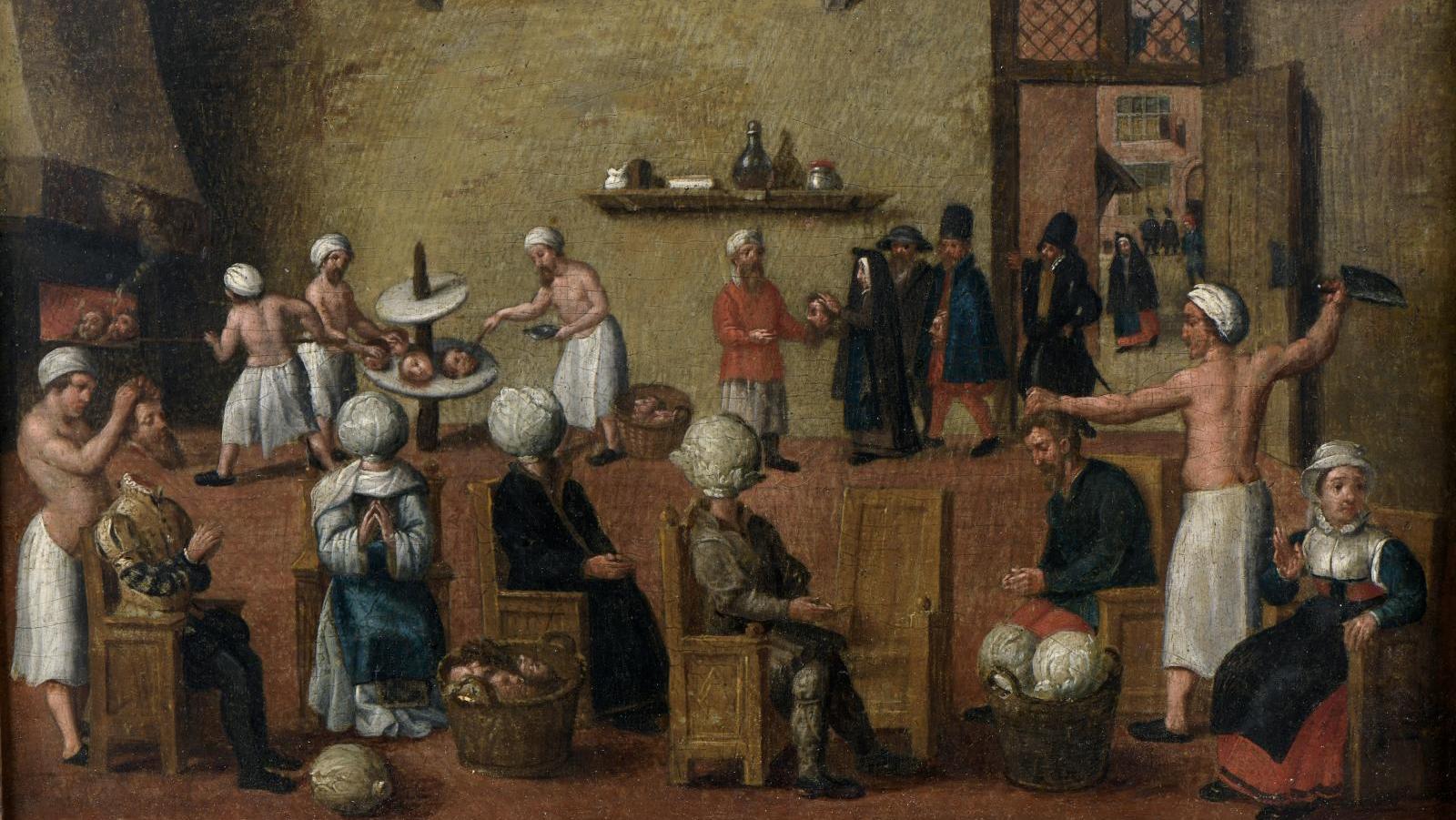 École flamande, début du XVIIe siècle, Le Boulanger d’Eeklo, huile sur panneau, 22... Les hommes à la tête de chou d’Eeklo