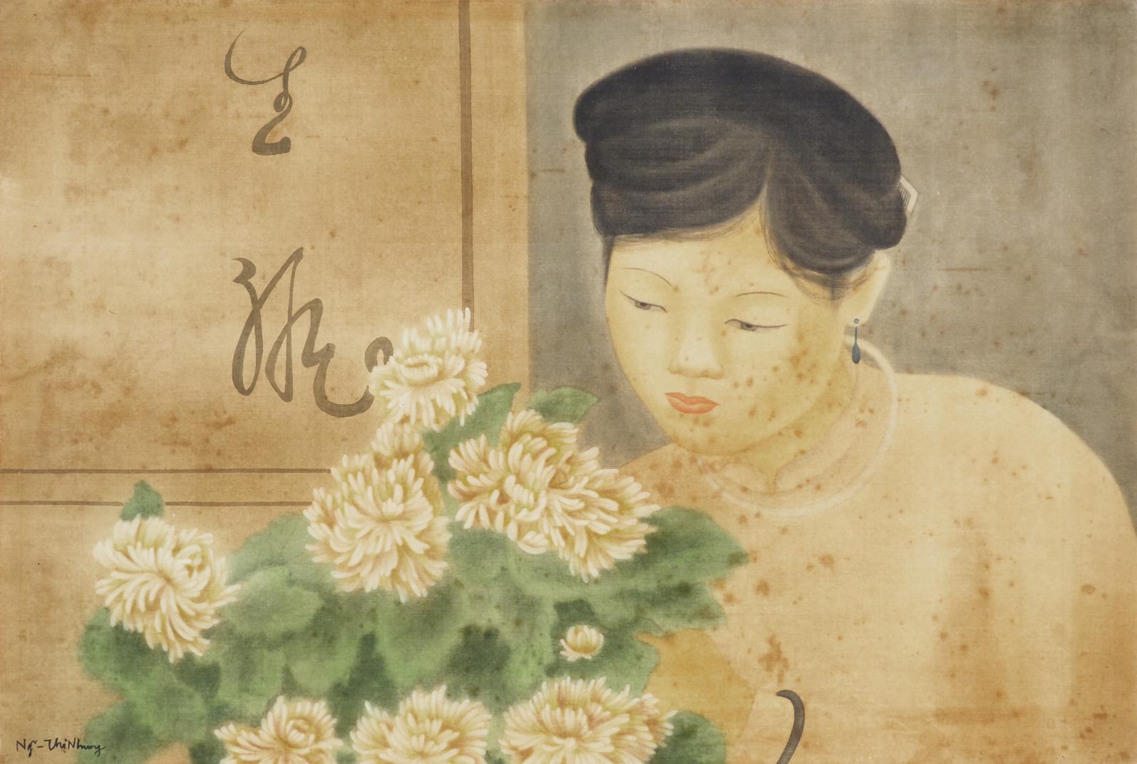 Nguyen Thi Nhung, Jeune femme aux chrysanthèmes, encre et couleurs sur soie, 40 x 59,5 cm (détail). Adjugé : 83 160 €