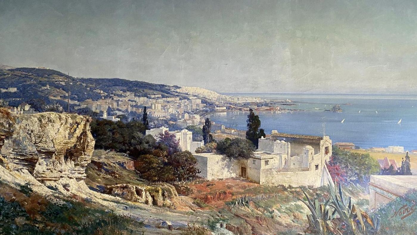 Maxime Noiré (1861-1927), Vue de la ville des hauteurs d’Alger, toile signée, 270 x 400 cm.... Sur les hauteurs d’Alger la blanche