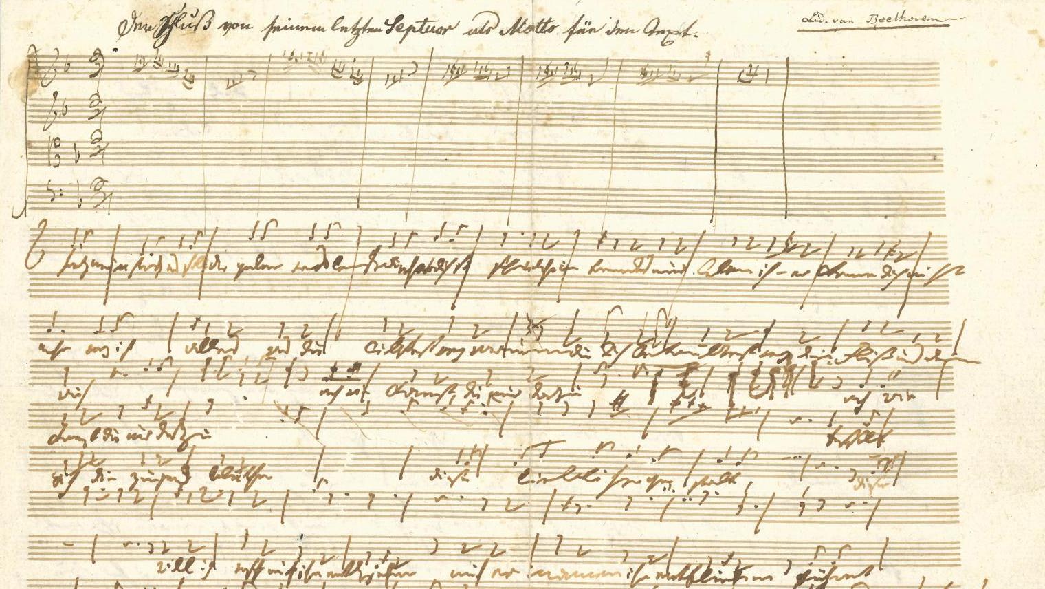 Ludwig van Beethoven, Neue Liebe, Neues Leben, autograph music manuscript, two pages... The Aristophil Sales Showcase New Manuscript Treasures 