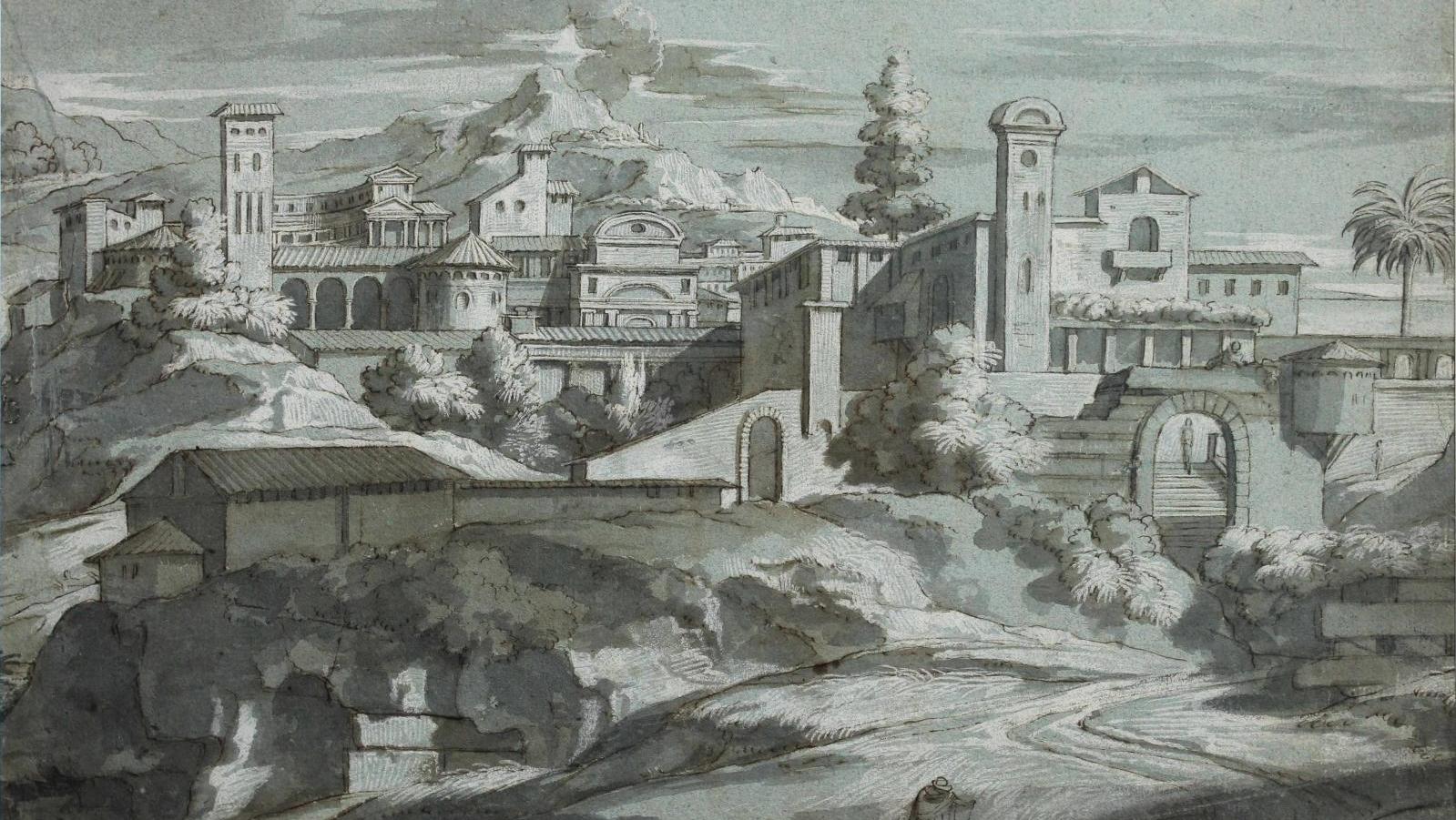 Louis Chéron (1655-1725), Vue imaginaire d’une ville antique en Italie, encre, lavis,... Première exposition Louis Chéron à Caen