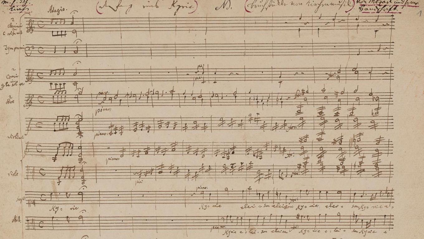 Wolfgang Amadeus Mozart (1756-1791), manuscrit autographe d’un kyrie en ut, composé... Wolfgang Amadeus Mozart, suivez la partition !