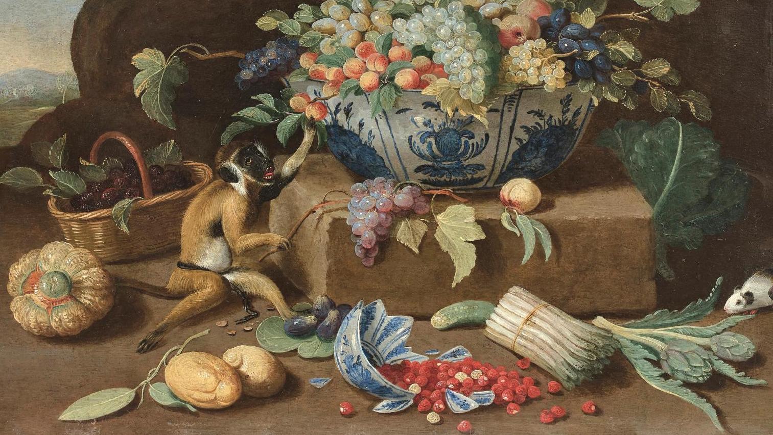 Jan Van Kessel (1654-1708), Nature morte avec coupes de porcelaines chinoises, fruits,... Prêts à faire le singe ? 