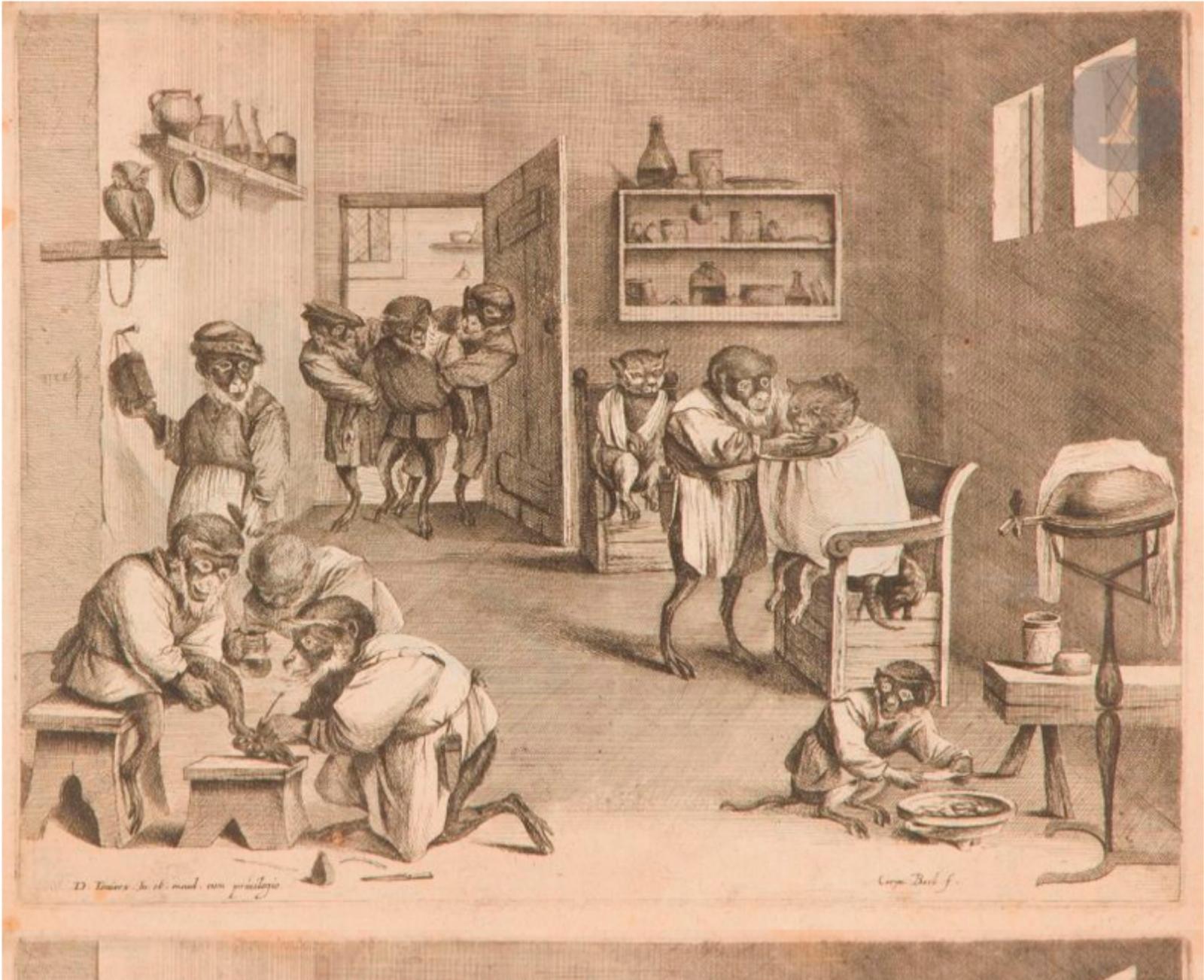 Coryn Boel (vers 1620-1688), La Boutique du barbier aux singeset aux chats, eau-forte d’après Teniers, 31,5 x 24,5 cm. Paris, Salle Favart