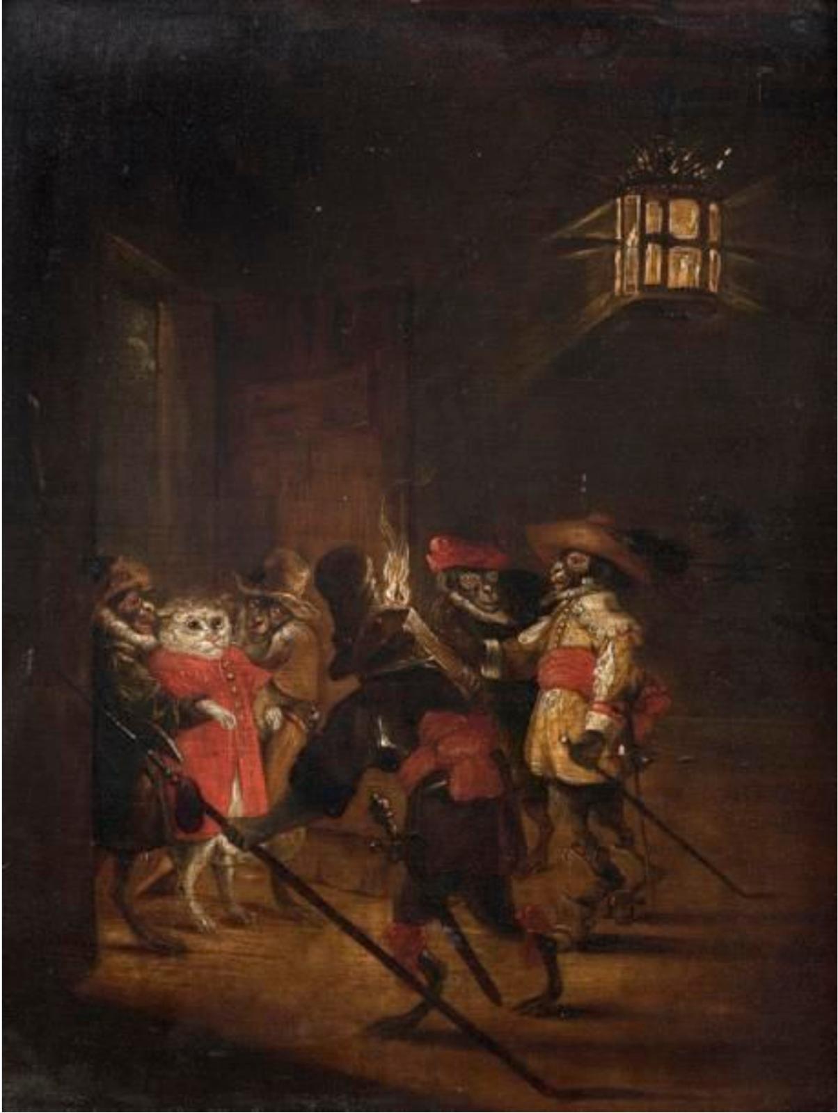 École flamande du XVIIe siècle, Le Chat arrêté par des singes militaires, huile sur panneau, 30,8 x 26,3 cm. Paris, Hôtel Drouot, 28 juin 