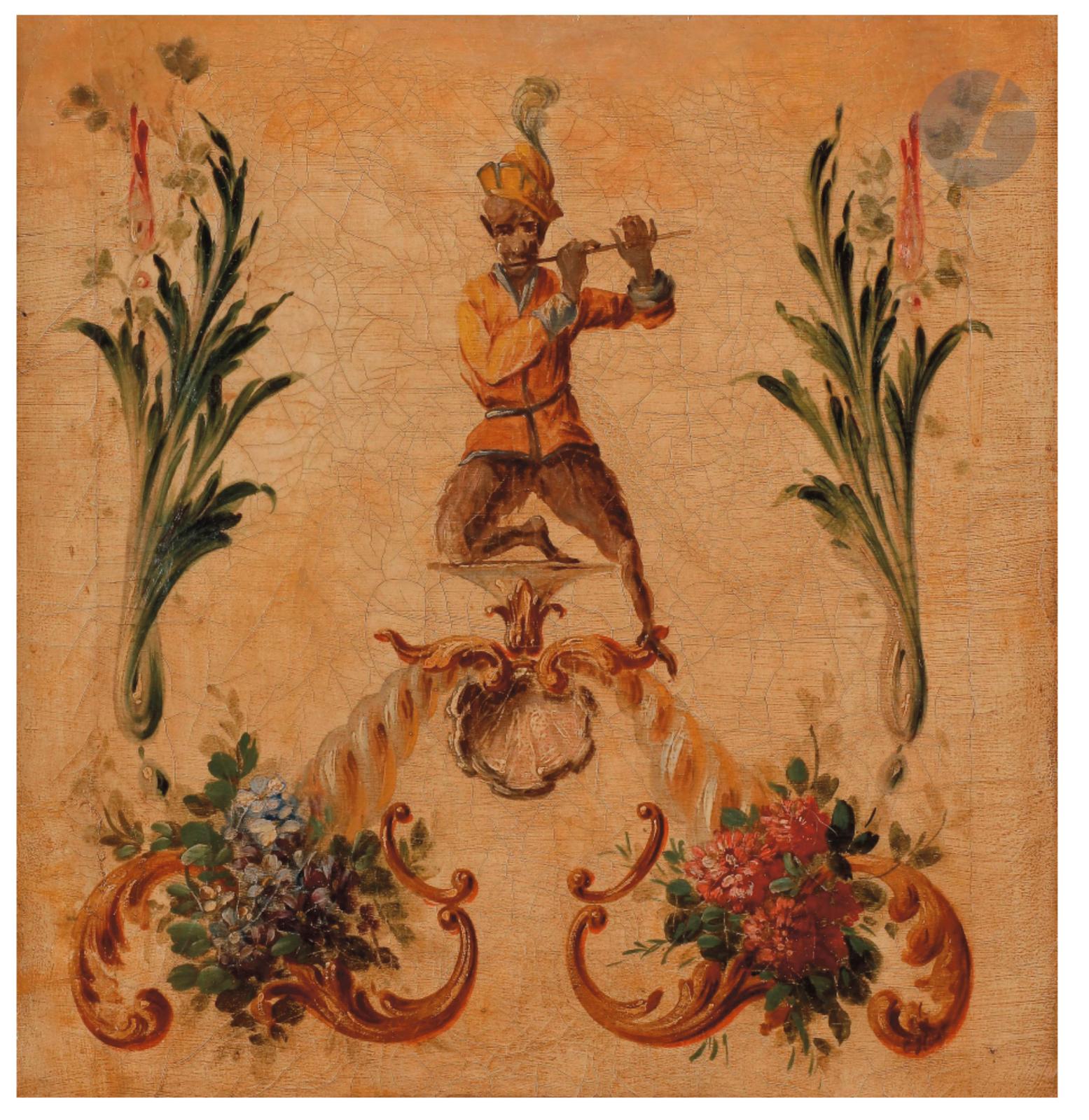 École française du XVIIIe siècle, deux toiles peintes (une reproduite) à décor de singeries dans le goût de Christophe Huet, 48 x 46,5 cm 