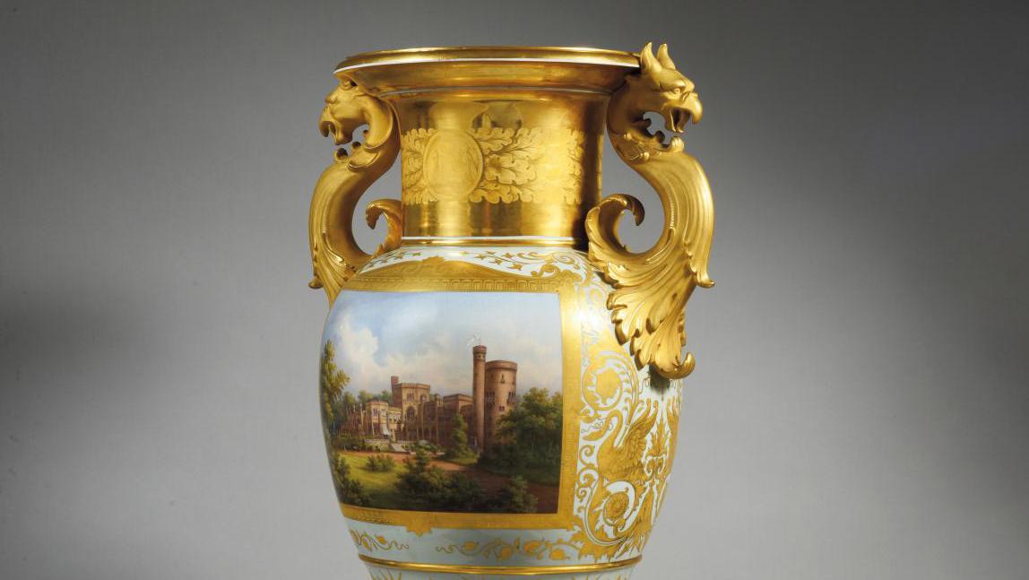 Royal Porcelain Manufactory Berlin, 1849-1870 period, hard porcelain vase with a... A Porcelain Palace from the Royal Porcelain Manufactory Berlin