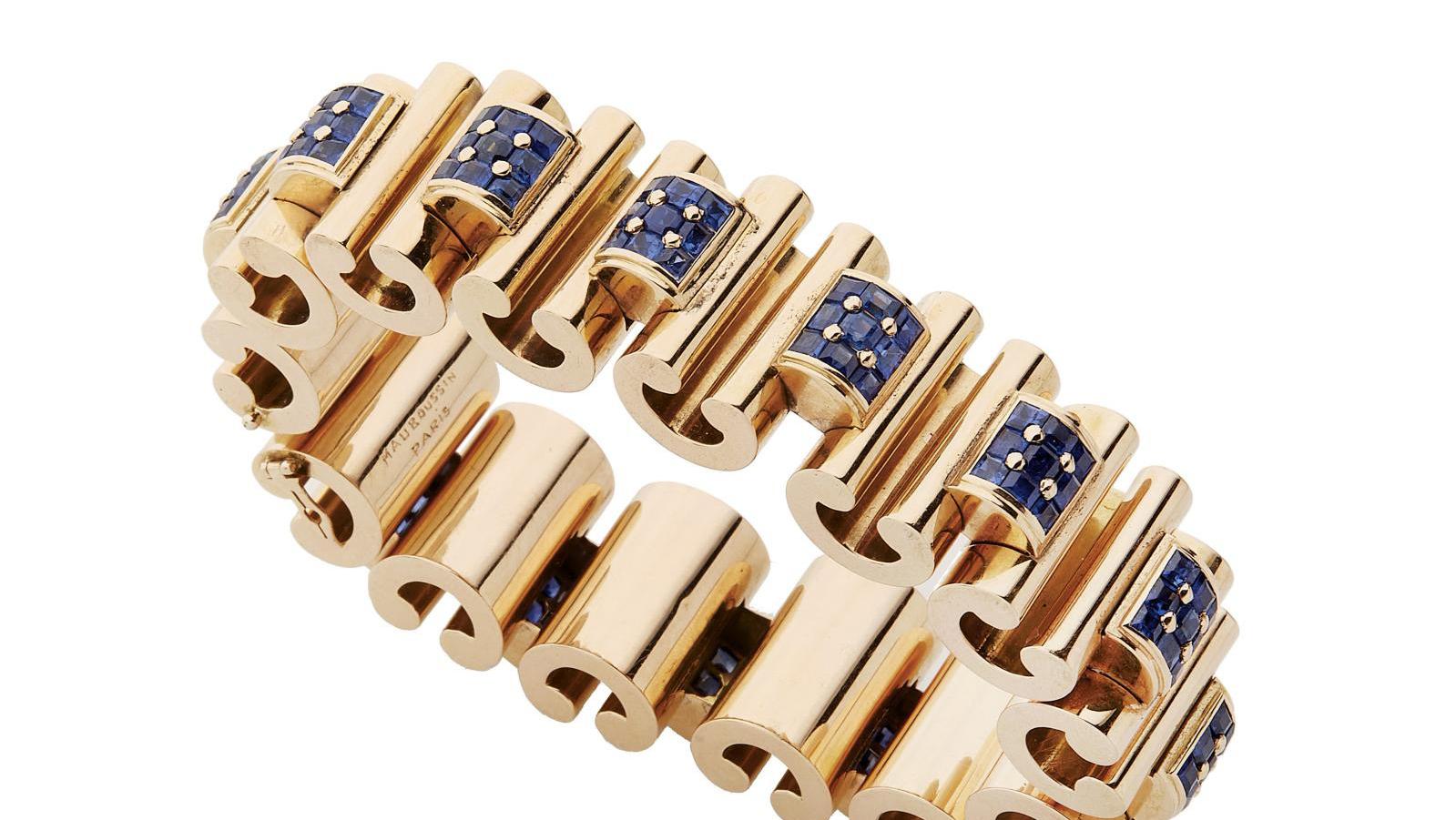 Mauboussin, c. 1940. Gold bracelet with stylized articulated geometric links, alternating... Mauboussin in the Retro Period
