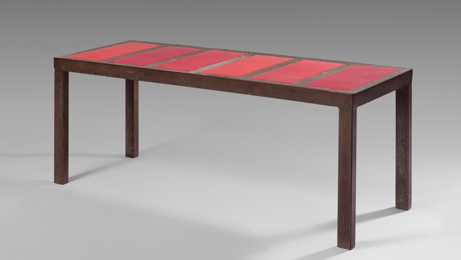 Georges Jouve (1910-1964), rectangular coffee table with metal structure, top featuring... The Sacred Fire of Georges Jouve