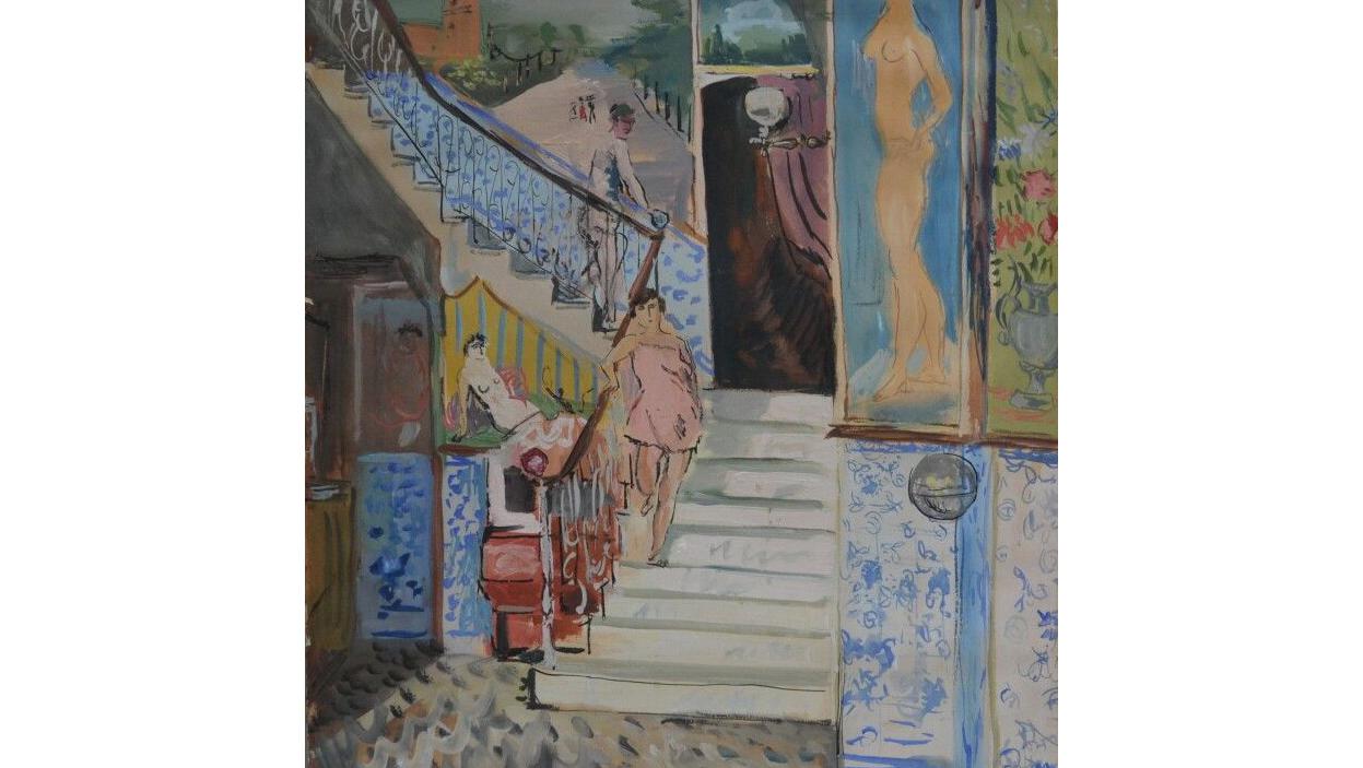 Jean Launois (1898-1942), Alger, femme précédant un homme descendant l’escalier dans... Collection Alain Jammes d’Ayzac