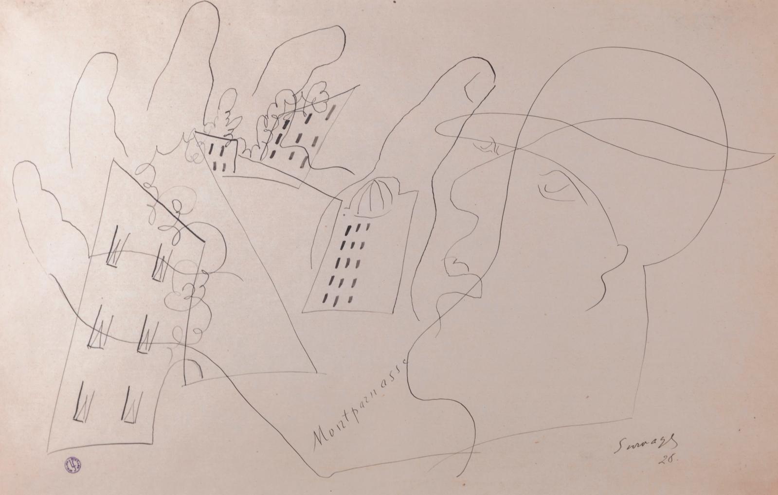 Léopold Survage (1879-1968), Montparnasse, hommage à Apollinaire, plume et encre noire, 1928, 31 x 48,5 cm (à vue). Estimation : 500/800 €