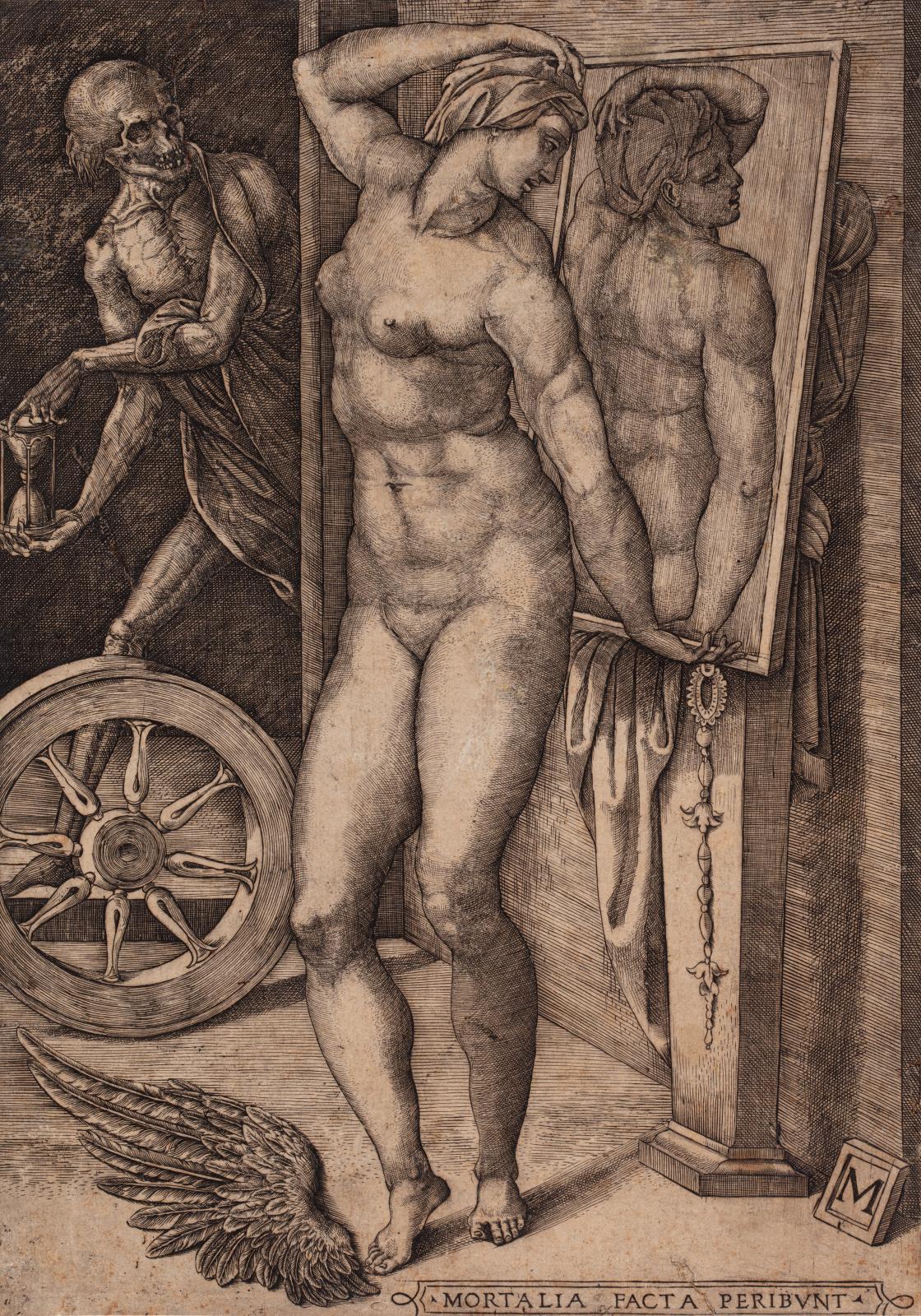 Anonyme, identifié comme le « monogrammiste M », La Femme à la toilette surprise par la mort, XVIe siècle, eau-forte (détail), Lyon, musée