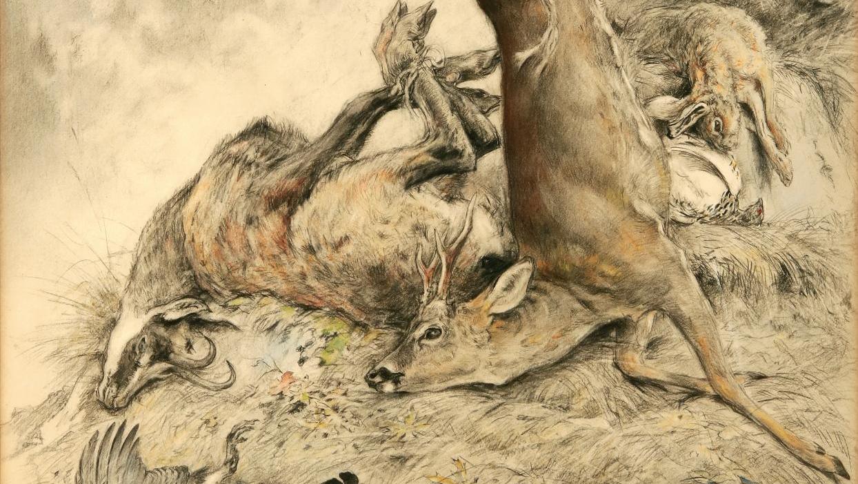 Xavier de Poret (1894-1975), Nature morte au chevreuil et faune de montagne,  fusain... L’hommage à Xavier de Poret