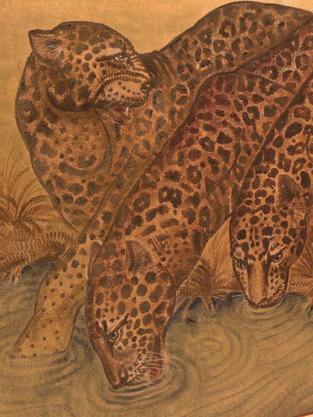 Jean Dunand (1877-1942), Trois léopards s’abreuvant, vers 1930, panneau en laque arrachée brune et laque bleue sur fond uni à la feuille d