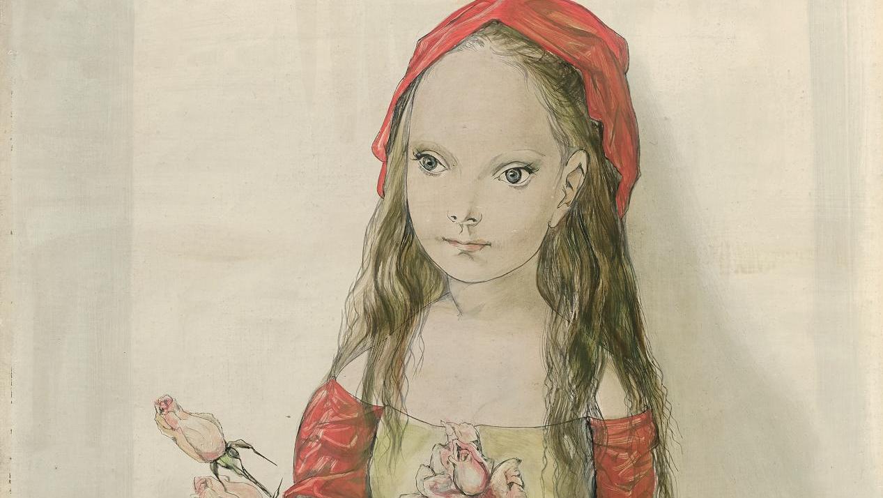 Léonard Tsuguharu Foujita (1886-1968), Jeune fille aux roses, 1957, huile et technique... Foujita parmi les roses