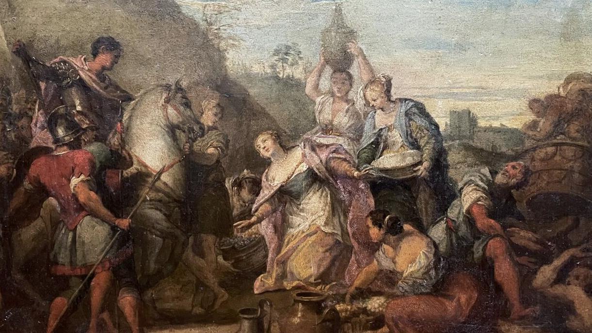 Nicolas Vleughels (1668-1737), La Rencontre de David et Abigaïl, panneau en bois... Peinture flamande et pierres précieuses