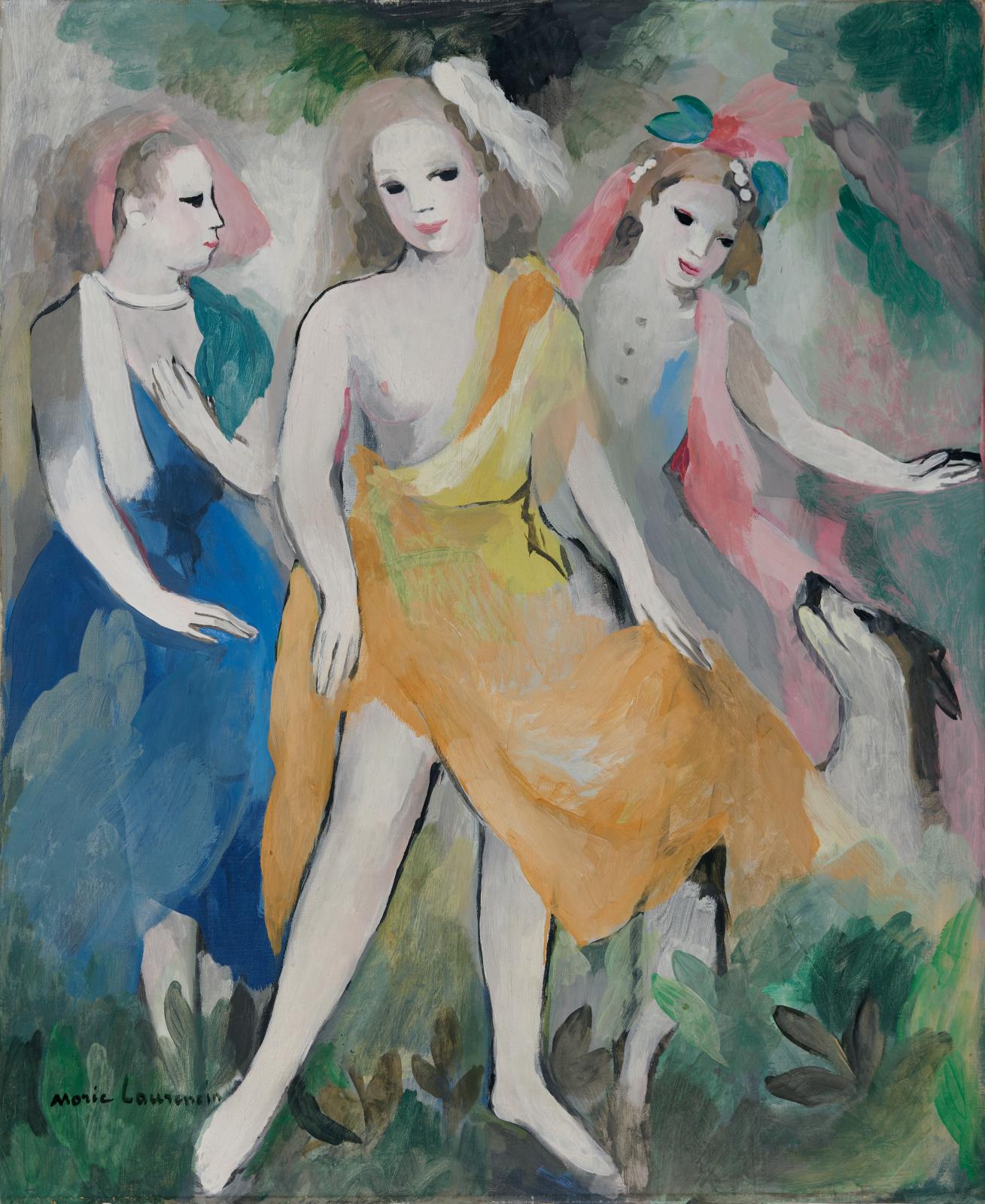 Peintre, graveuse, illustratrice et également poétesse, Marie Laurencin (1883-1956) signe ici Les Trois Femmes au lévrier (73 x 60 cm), un