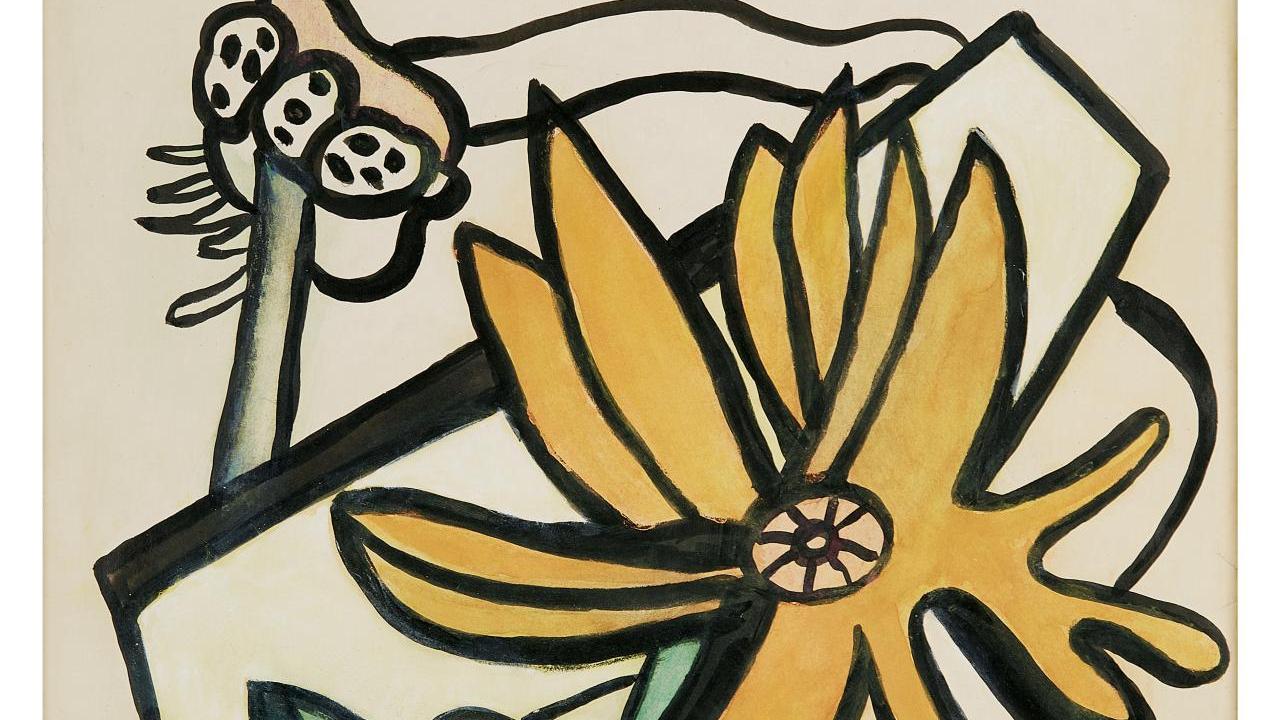Fernand Léger (1881-1955), Composition à la fleur, 1952, gouache sur papier signée... Comme un soleil, une fleur de Fernand Léger