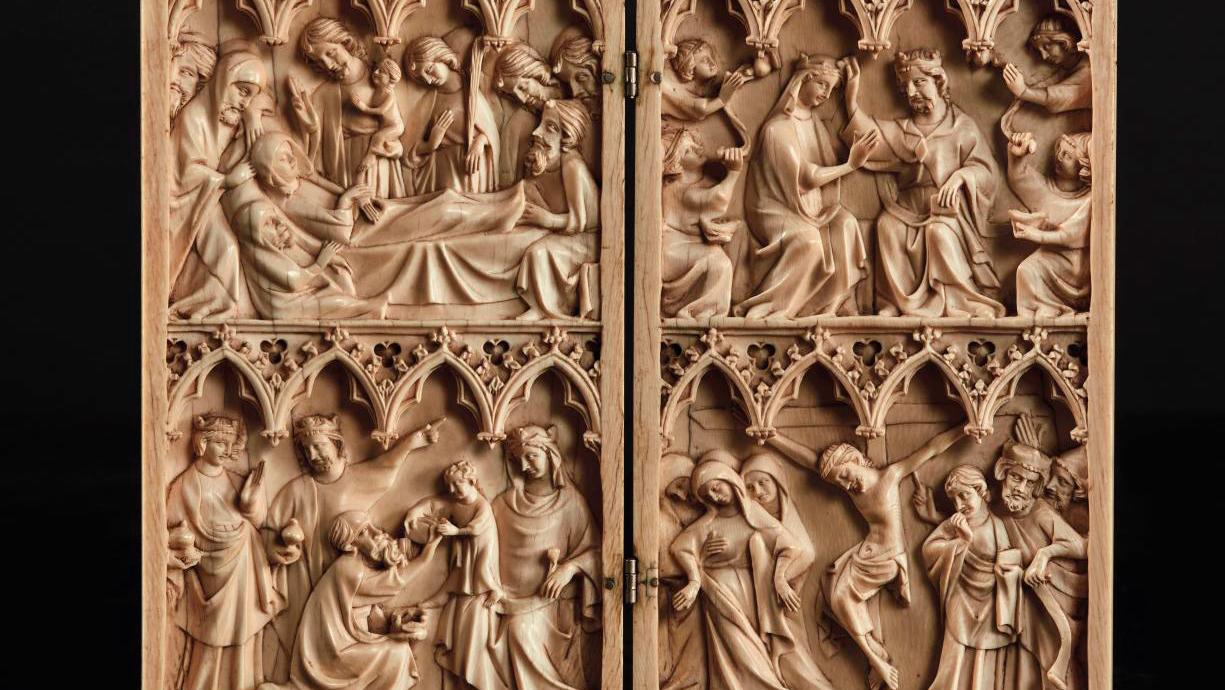 Paris, second quarter of 14th century. Carved ivory diptych with two registers showing... 14th Century Ivory Diptychs: An Exquisite Example From a Paris Workshop 