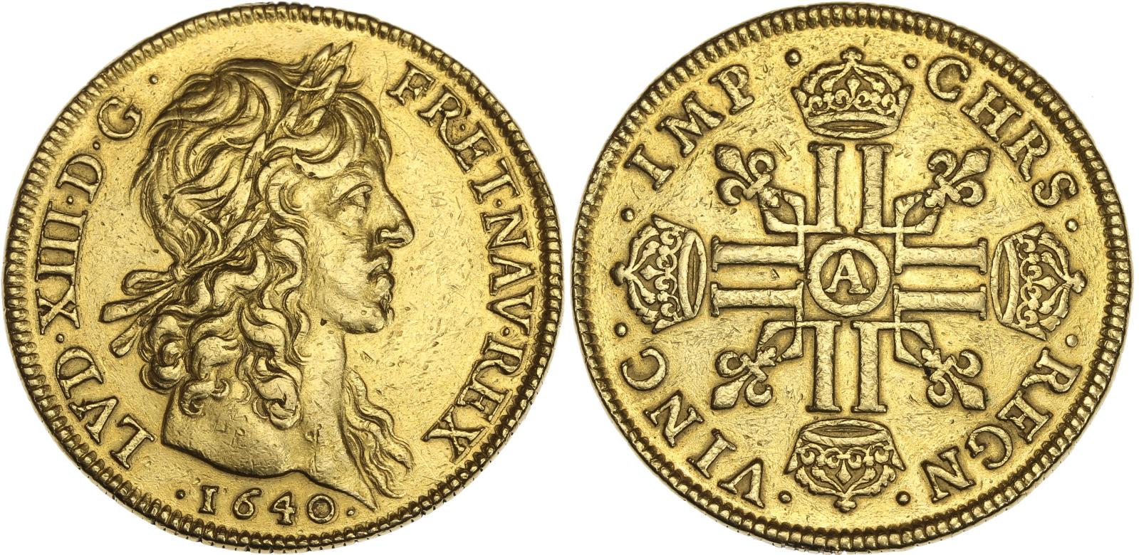 Louis XIII (1610-1643), quatre louis d’or à la tête laurée, œuvre de Jean Warin, frappé à Paris en 1640, tranche cannelée, 26,72 g, tête l