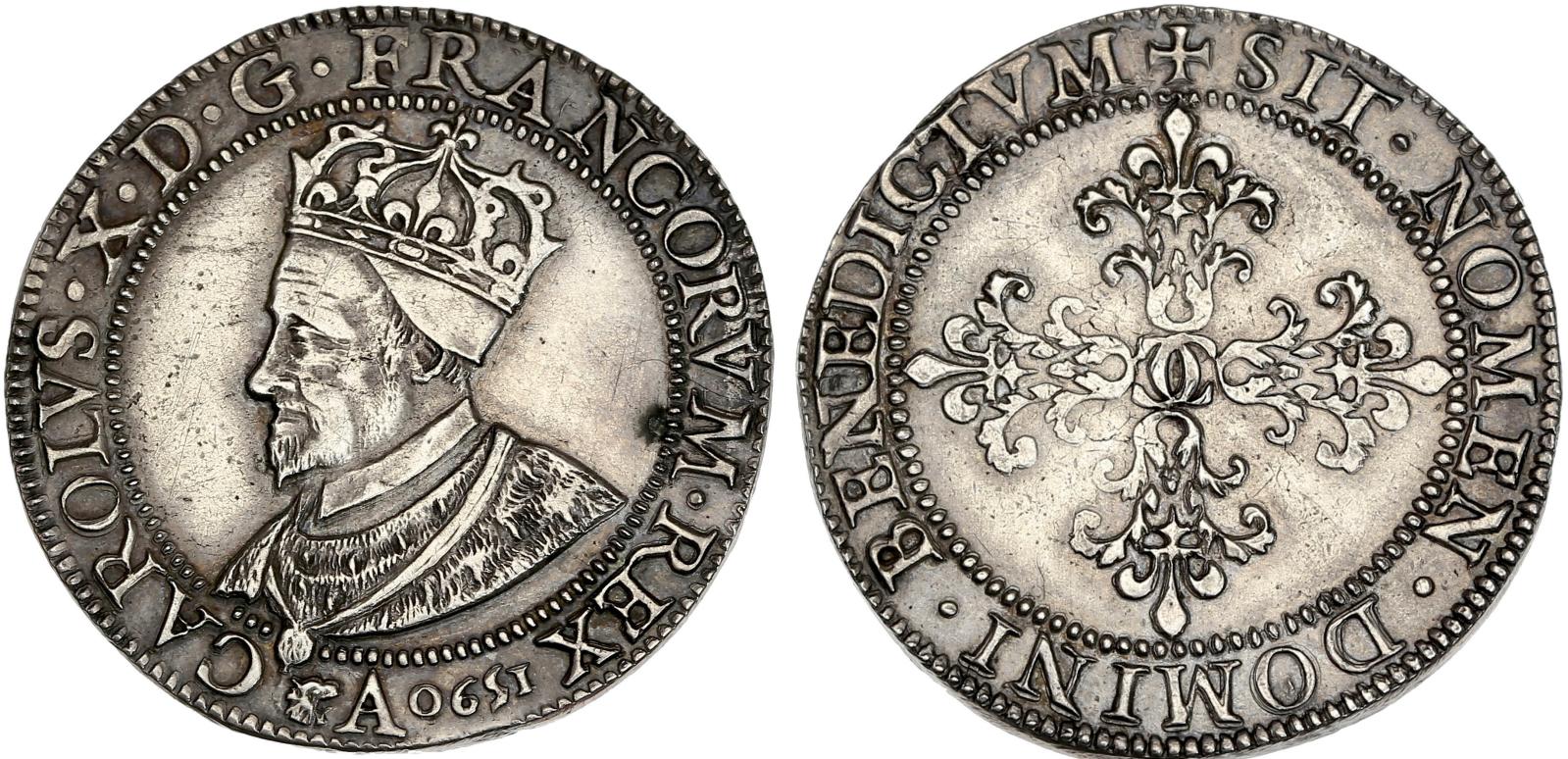 Charles X, roi de la Ligue (1589-1590), Franc, 1590. Paris. 14,06 g, tranche lisse, buste à gauche du roi, avec une couronne fermée posée 
