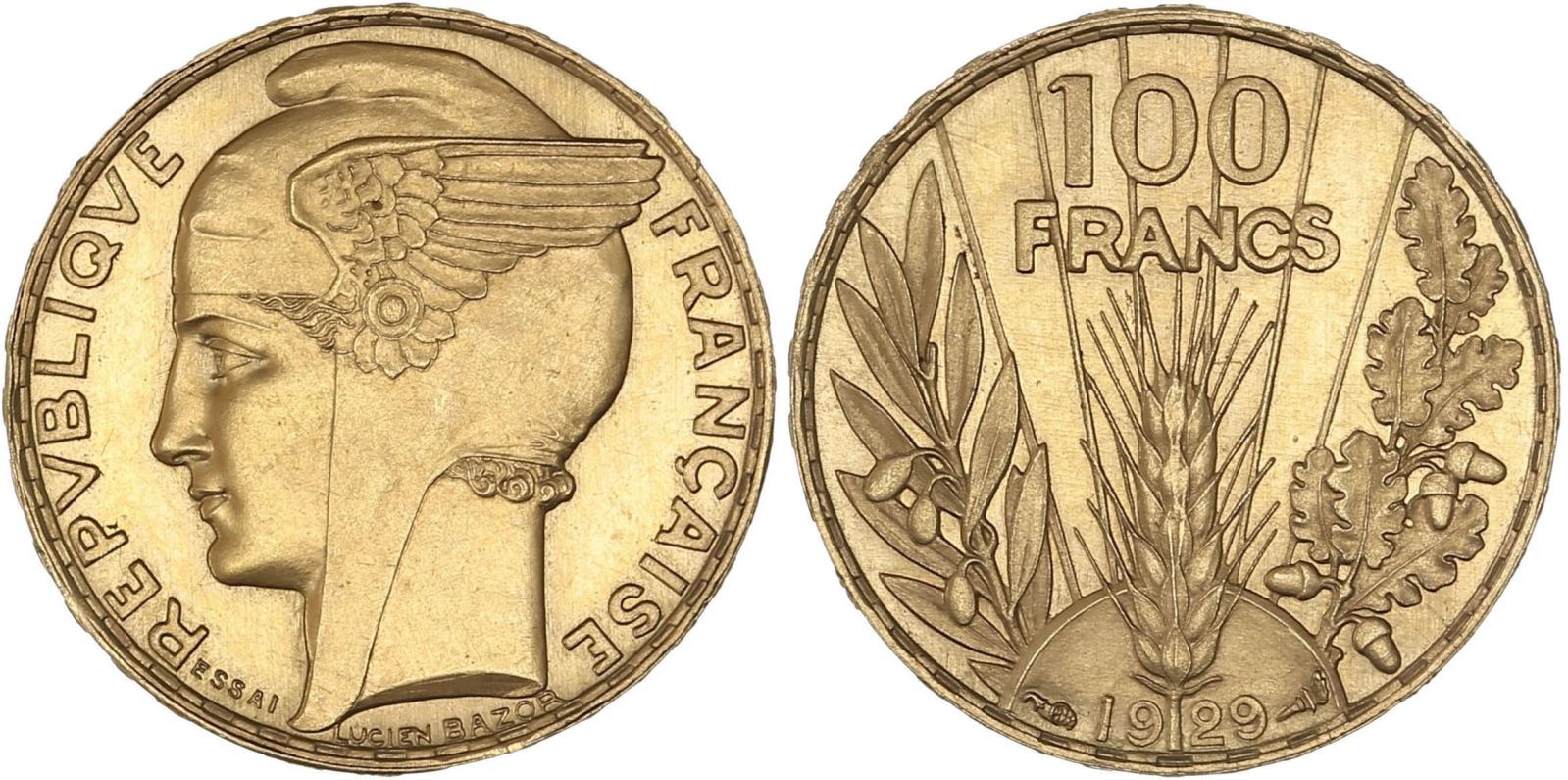 IIIe République (1871-1940), 100 francs or, type Bazor, 1929, «Essai» (9 ex.), 6,55 g, tranche en relief, effigie féminine coiffée d’un bo